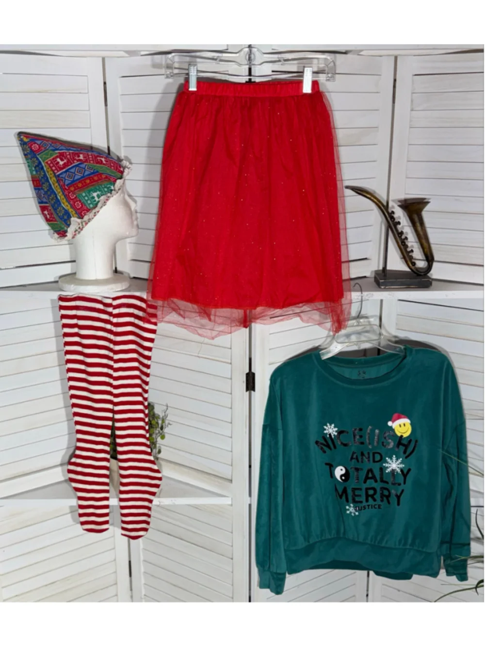 Vintage Christmas Elf costume complete hat skirt top stocking Halloween girls 12